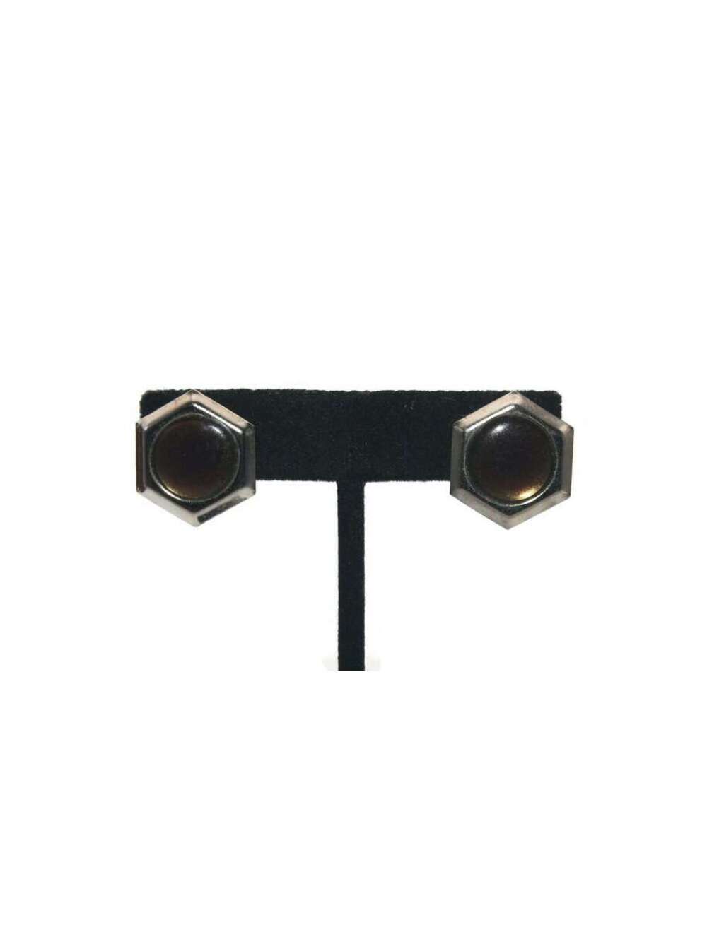 Vintage Silver Tone and Brown Resin Hexagon Stud Earrings.
